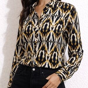 Jones New York Black and Gold Printed Button Up